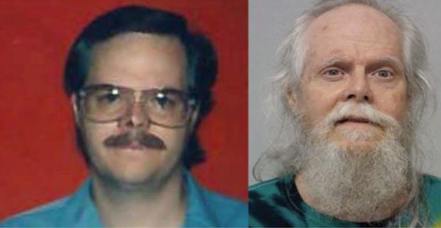 Steven Johnson is seen images from an Oregon wanted poster in the 1990s and in a booking photo following his 2024 arrest in Georgia. 