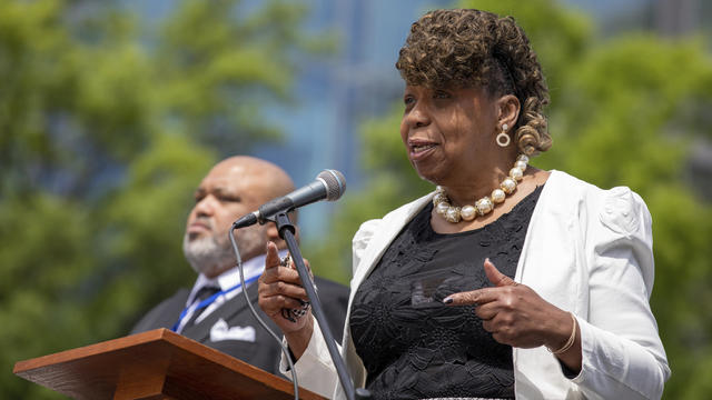 Gwen Carr, the mother of Eric Garner, speaks at the Hear Our Cry rally at Freedom Plaza in Washington on Thursday, May 6, 2021. 