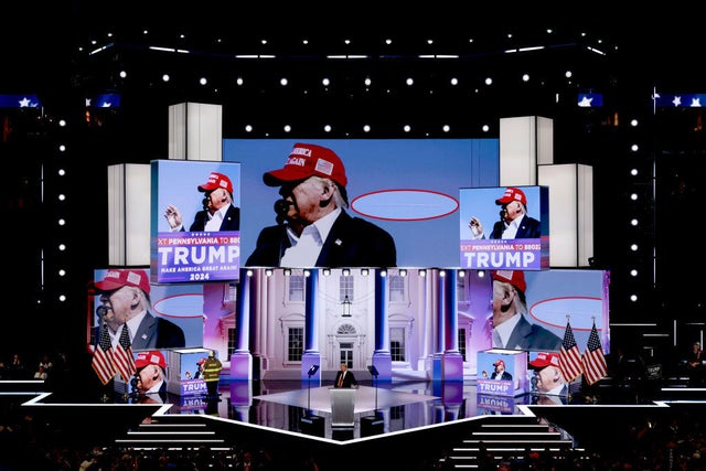 Former President Donald Trump speaks at the Republican National Convention at the Fiserv Forum in Milwaukee, Wisconsin, on Thursday, July 18, 2024. 