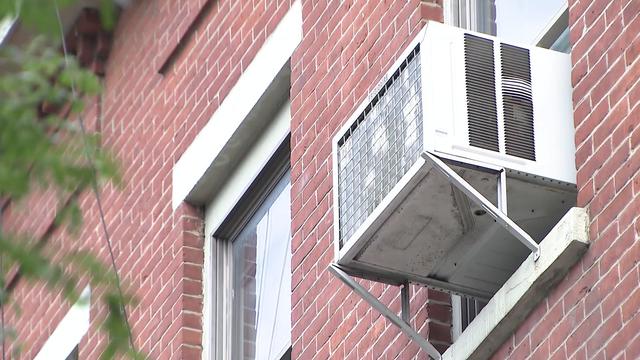 An in-window air conditioning unit in a New York City apartment 
