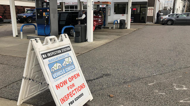 Massachusetts Car Inspection sign in front of Gulf gas station, Boston 