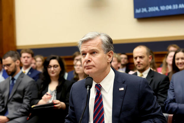 FBI Director Christopher Wray arrives for a House Judiciary Committee hearing in Washington, D.C., on Wednesday, July 24, 2024. 