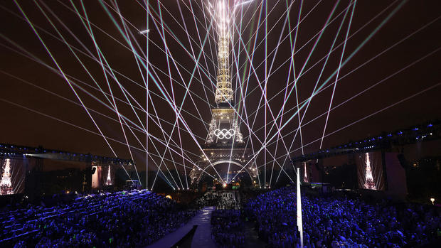 Eiffel Tower lit up during the 2024 Paris Olympics opening ceremony 