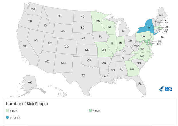 A map of the United States showing the number of cases of Listeria reported in each state