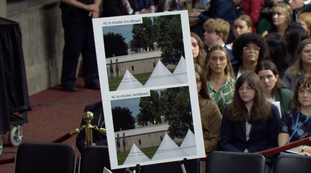 A chart showing the view Secret Service counter-snipers had of the gunman who opened fire at a Trump rally as displayed at a Senate hearing on July 30, 2024. 