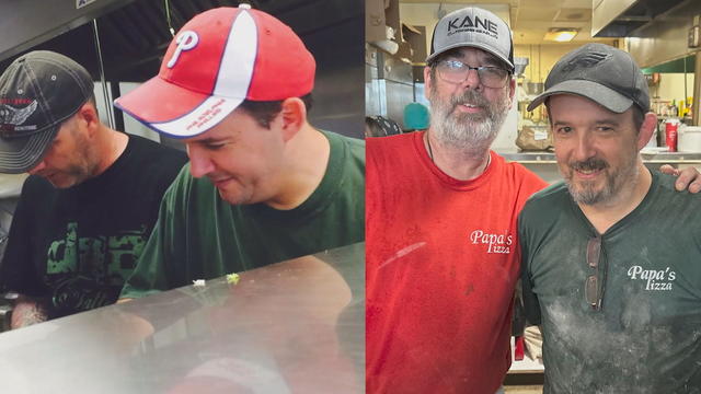 Two photos of the founders of Papa's Pizza working in the kitchen 