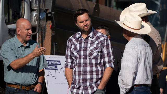 Sen. JD Vance speaks with residents and law enforcement at the U.S.-Mexico border in Hereford, Arizona, on Thursday, Aug. 1, 2024. 