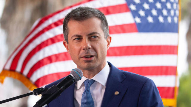 Transportation Secretary Pete Buttigieg holds a news conference in Long Beach, California, on Thursday, July 18, 2024. 