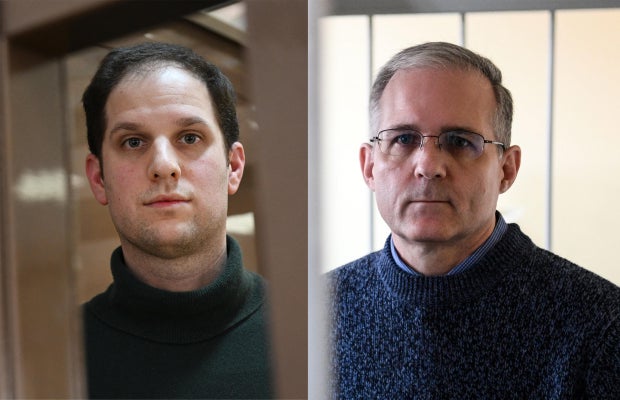 Evan Gershkovich, left, and Paul Whelan in photos from Russian court appearances.