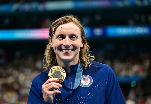 Katie Ledecky with a gold medal at the 2024 Olympics