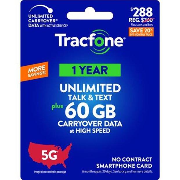 Tracfone - $288 Unlimited Talk & Text plus 60GB of Data 365-Day - Prepaid Plan Card 