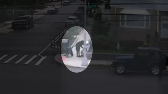 Surveillance footage shows a man appearing to take something from a mail carrier sitting on a ledge. 