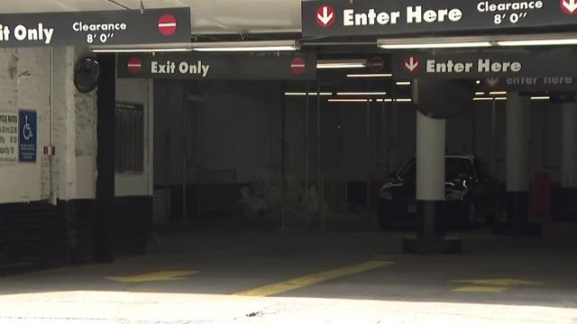 The entrance and exit into a parking garage in New York City. 
