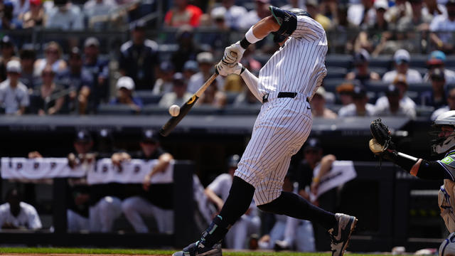 New York Yankees Designated Hitter Aaron Judge (99) hits a two run home run during the first inning of the Major League Baseball game between the Toronto Blue Jays and New York Yankees on August 3, 2024, at Yankee Stadium in the Bronx, NY. 