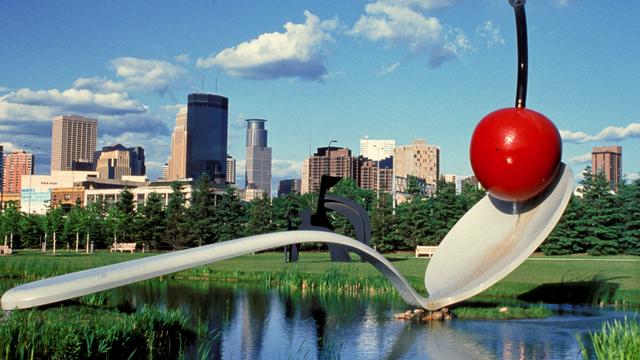 Minnesota, Minneapolis, City Skyline Seen From Sculpture Gardens, Spoon And Cherry Art Piece, 