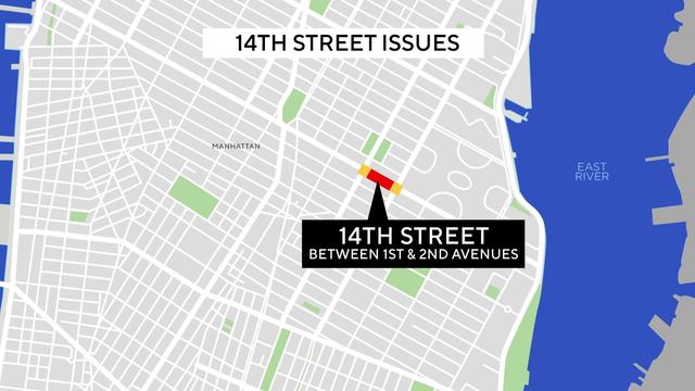 A map highlighting East 14th Street between First and Second avenues in Manhattan. 