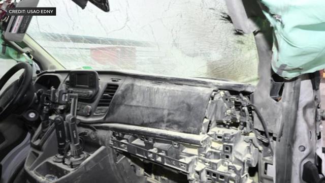 The interior of a Verizon utility truck that has been damaged in an explosion. 