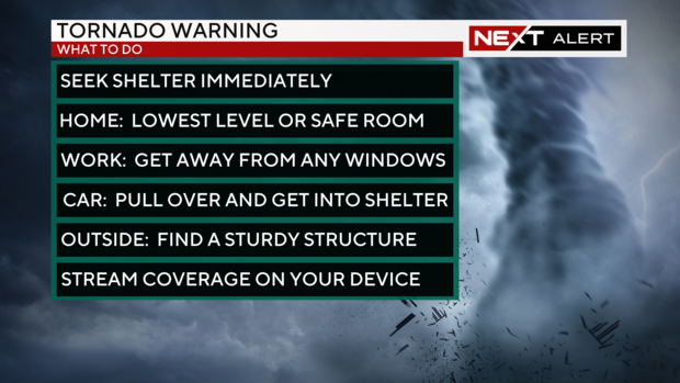 What to do if there is a tornado warning - seek shelter immediately, get to the lowest level of your home or a safe room, get away from windows if at work, if in the car, pull over and get into some shelter, if outside, find a sturdy structure 