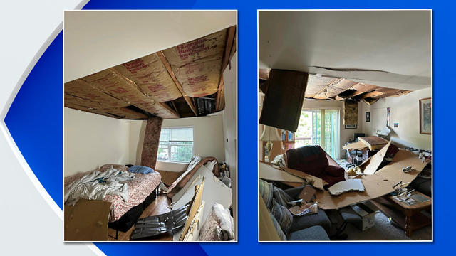 One photo shows a ceiling collapsed into a bedroom; a second photo shows a ceiling collapsed into a living room. 