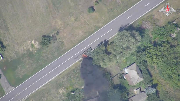 An aerial view shows what is said to be a burning Ukrainian tank in Kursk region 