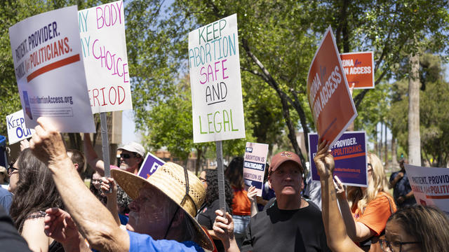 Members of Arizona for Abortion Access, the ballot initiative to enshrine abortion rights in the Arizona State Constitution, hold a press conference and protest condemning Arizona House Republicans and the 1864 abortion ban during a recess from a legislative session at the Arizona House of Representatives on April 17, 2024 in Phoenix, Arizona. 