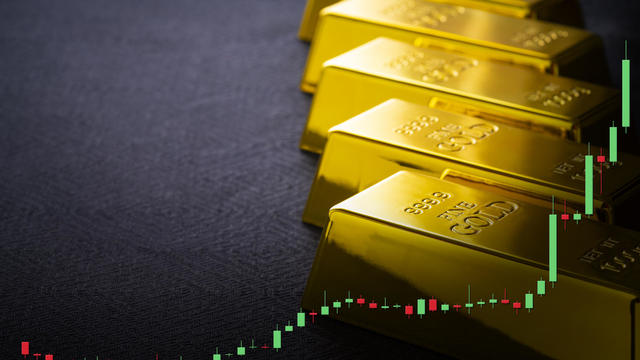 Gold Bars in a row with Doji candlestick chart bullish earnings 