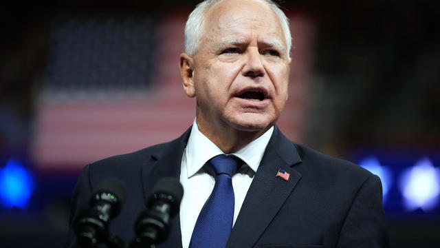 Democratic vice presidential candidate Minnesota Gov. Tim Walz speaks during a campaign rally with Democratic presidential candidate, U.S. Vice President Kamala Harris at the Liacouras Center at Temple University on August 6, 2024 in Philadelphia, Pennsylvania. 