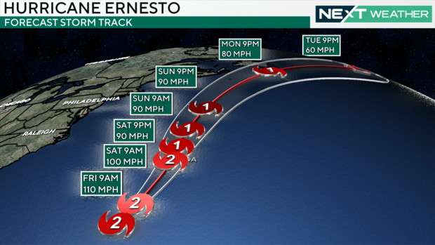 A weather map showing the path of Hurricane Ernesto in the Atlantic Ocean 