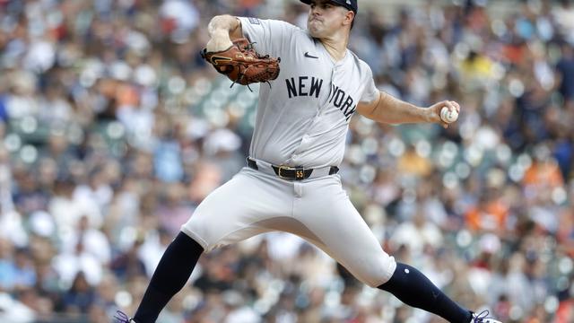 Carlos Rodon #55 of the New York Yankees pitches against the Detroit Tigers during the first inning at Comerica Park on August 17, 2024 in Detroit, Michigan. 