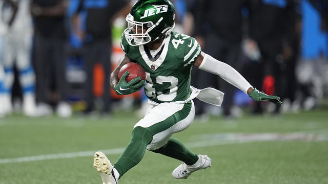 New York Jets' Brandon Codrington runs against the Carolina Panthers during the second half of a preseason NFL football game, Saturday, Aug. 17, 2024, in Charlotte, N.C. 