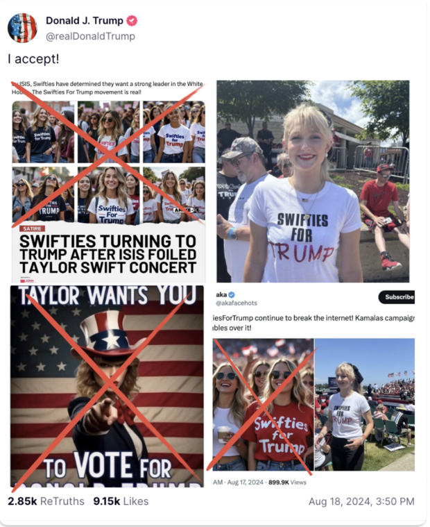 Trump post on "Swifties for Trump" includes AI photos 