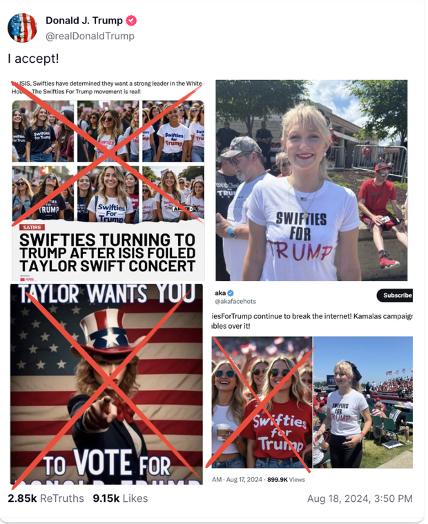 Trump post on "Swifties for Trump" includes AI photos