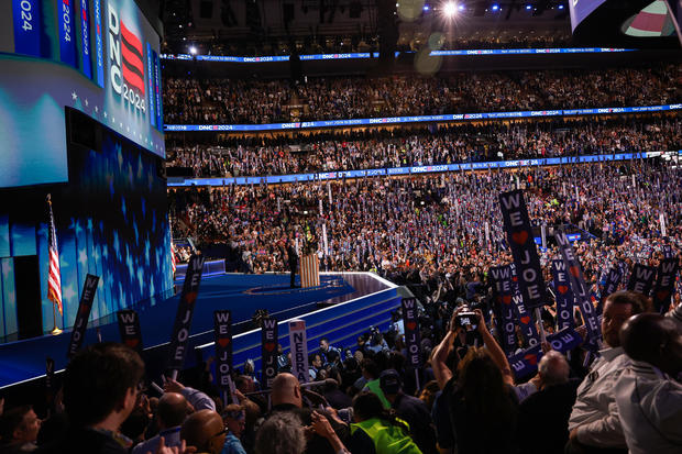 President Biden speaks onstage during the first day of the Democratic National Convention at the United Center on August 19, 2024 in Chicago, Illinois. 