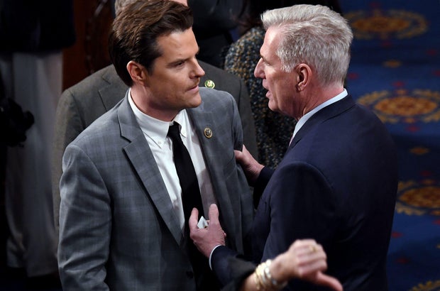 Former Speaker Kevin McCarthy speaks to Rep. Matt Gaetz in the House Chamber at the US Capitol in Washington, DC, on January 6, 2023.