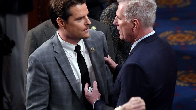 Former Speaker Kevin McCarthy speaks to Rep. Matt Gaetz in the House Chamber at the US Capitol in Washington, DC, on January 6, 2023. 