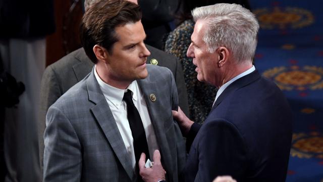 Former Speaker Kevin McCarthy speaks to Rep. Matt Gaetz in the House Chamber at the US Capitol in Washington, DC, on January 6, 2023. 