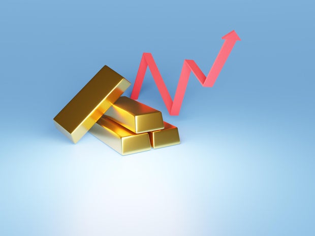 3D of the increase in the value of gold. Gold market going up, Red arrow up.