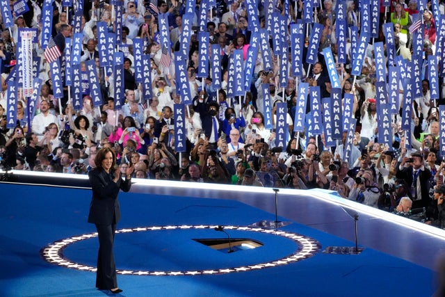 Vice President Kamala Harris speaks during the Democratic National Convention  on Thursday, Aug. 22, 2024, in Chicago. 