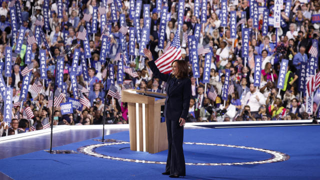 Vice President and 2024 Democratic presidential candidate Kamala Harris gestures as she speaks on the first day of the Democratic National Convention at the United Center in Chicago, Illinois, on August 19, 2024. 