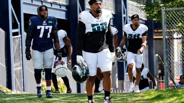 Philadelphia Eagles defensive tackle Thomas Booker IV (59) during joint training camp between the New England Patriots 