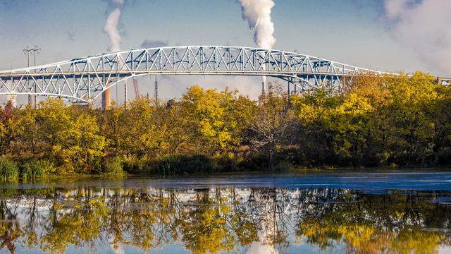 George C. Platt Memorial Bridge and refinery smokestack, South of Philadelphia, PA 