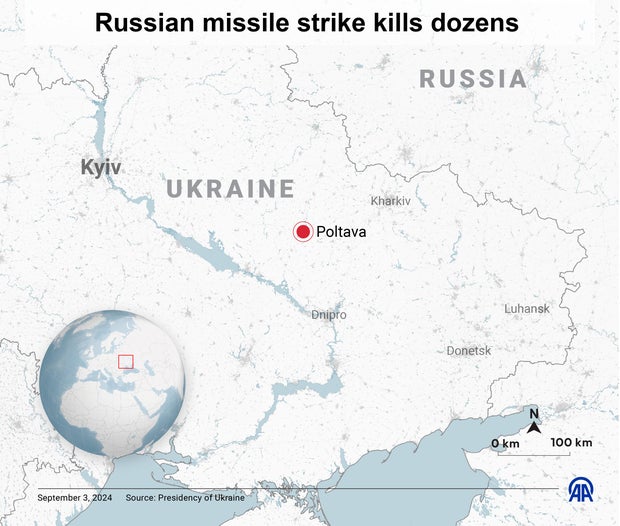 Map - Russian missile strike in Poltava, Ukraine