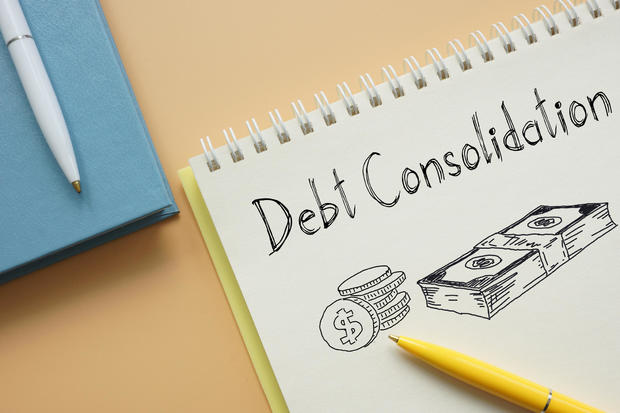 Debt consolidation is shown on the business photo using the text 