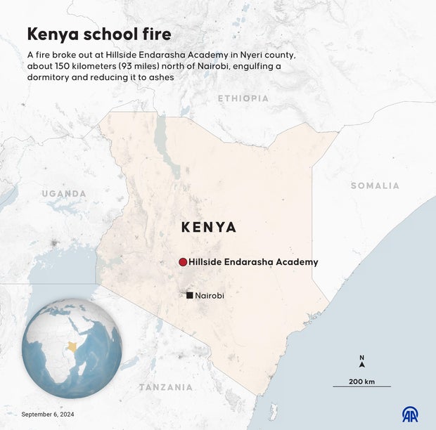 An infographic shows the location of a deadly fire that broke out in a dorm at the Hillside Endarasha Academy in Nyeri county, about 93 miles north of Nairobi