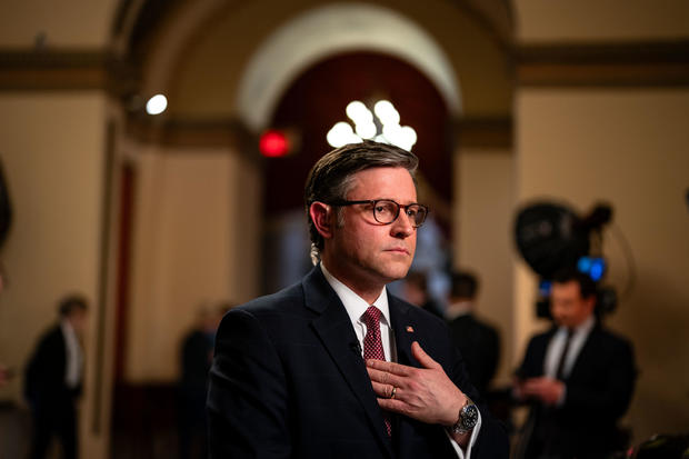 Speaker of the House Mike Johnson does an interview at the U.S. Capitol on April 17, 2024, in Washington, D.C.  