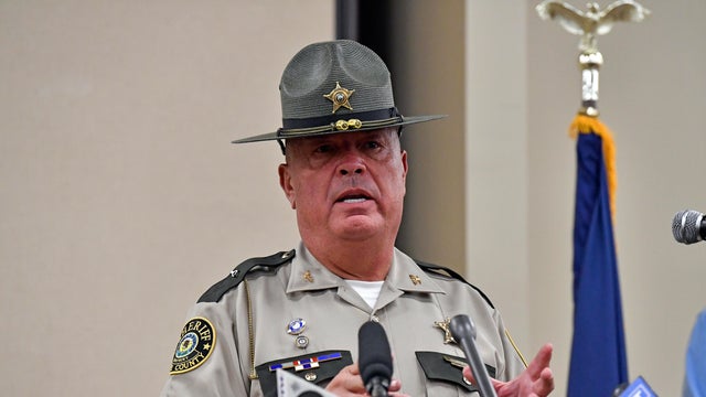 Laurel County Sheriff John Root gives an update at the London Community Center in London, Kentucky, Sept. 8, 2024, on the efforts to find the suspect in the shooting at Interstate 75 near Livingston, Kentucky. 