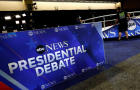 Final preparations are made in the spin room prior to the ABC News presidential debate on Sept. 9, 2024, at the National Constitution Center in Philadelphia. 