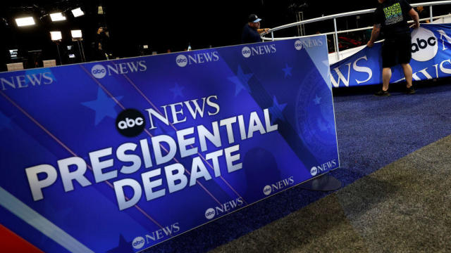 Final preparations are made in the spin room prior to the ABC News presidential debate on Sept. 9, 2024, at the National Constitution Center in Philadelphia. 