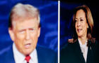 Former President Donald Trump and Vice President Kamala Harris are shown on screen in the spin room during the second presidential debate at the Pennsylvania Convention Center in Philadelphia, Pennsylvania, US, on Tuesday, Sept. 10, 2024. 