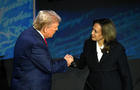 Vice President Kamala Harris shakes hands with former President Donald Trump during a presidential debate at the National Constitution Center in Philadelphia, Pennsylvania, on Sept. 10, 2024. 